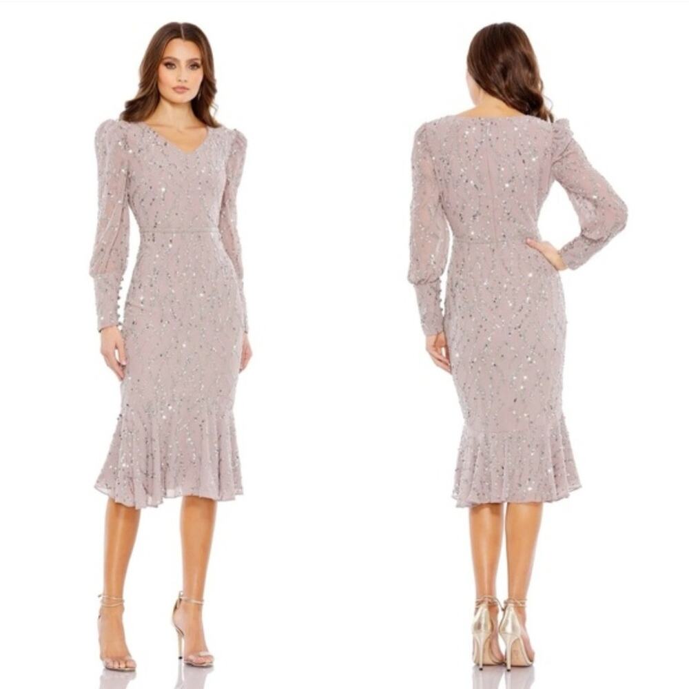 Mac Duggal 10767 Ruffle Hem Long Sleeve Midi Dress Lilac Lavender Size 6